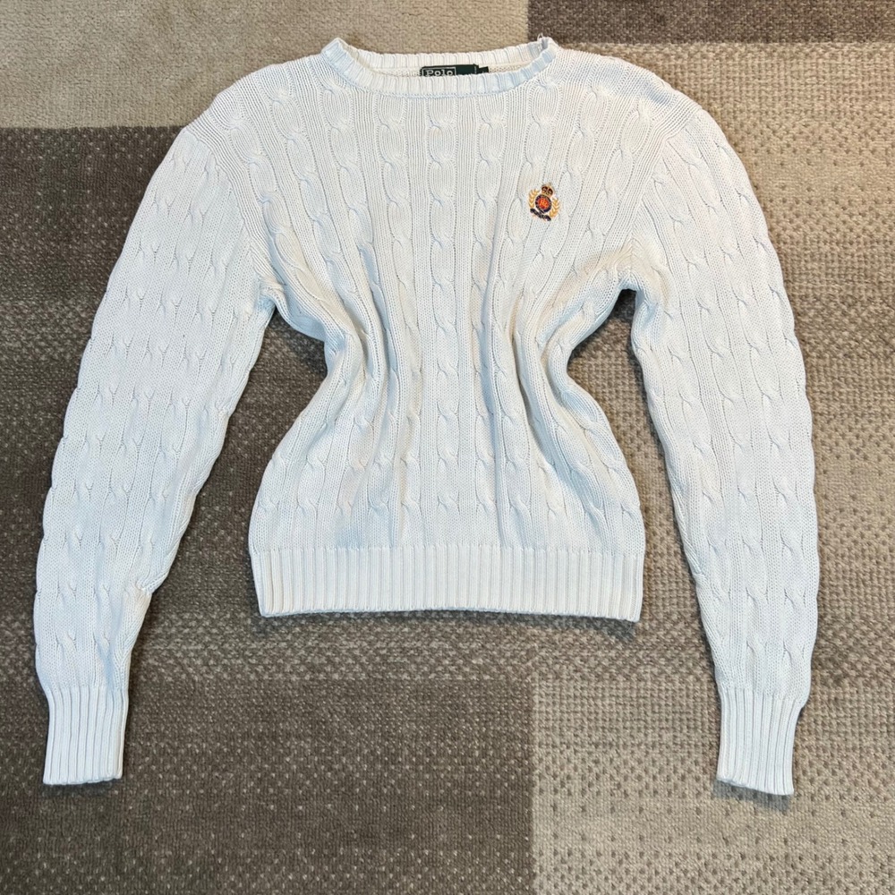 Vintage Polo Ralph Lauren White Cable Knit Cotton Sweater Crest Logo Womens L